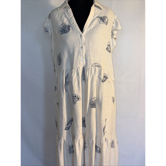 June & Delancey Cream Blue Seashell Tiered V- Neck Women’s DressBeach Costal Xl - Picture 5 of 13